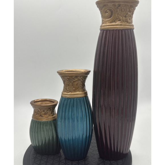 Set Of Three Ceramic Vases Maroon Teal Green With Gold - Picture 5 of 5